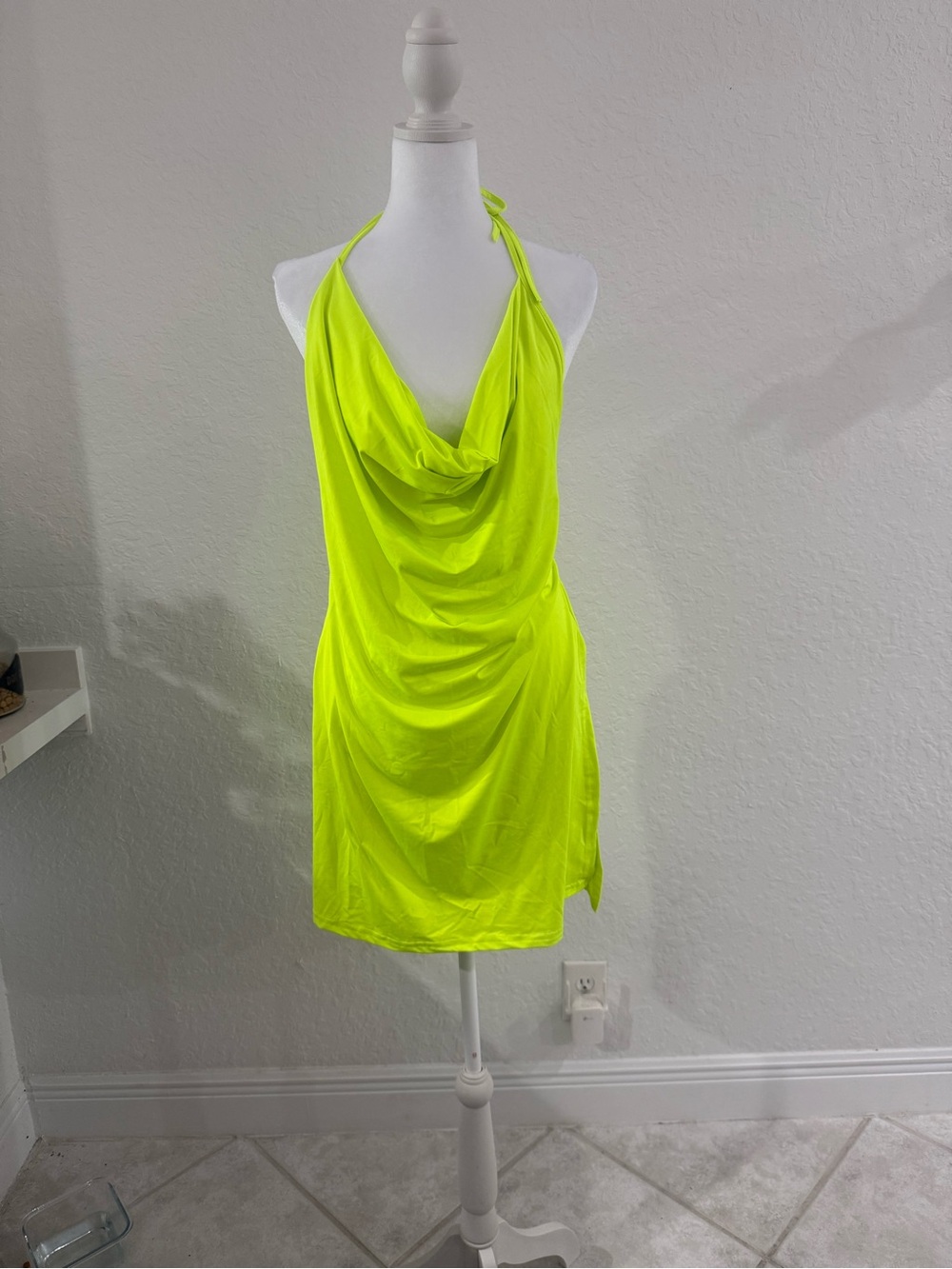 Neon Lime Halter Cowl Neck Mini Dress
